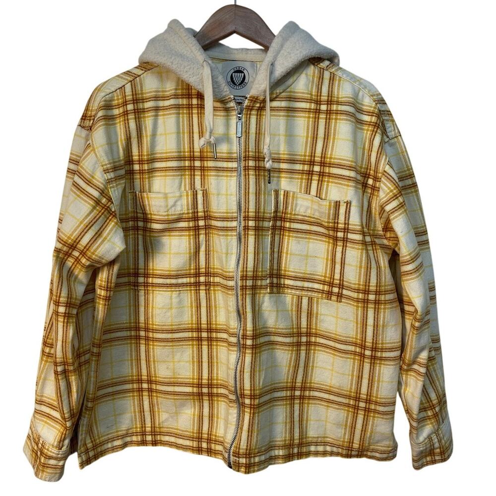 Urban Outfitters Mens Yellow Plaid Zip Up Hooded Flannel Shirt Jacket Small
